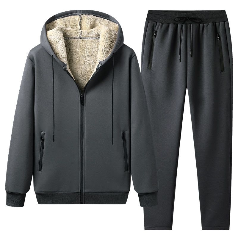 Cross-Border Exclusive Sweatshirt Plus Size Winter Warm Hooded Casual Men's Lamb Wool Sports Set_voghion.com