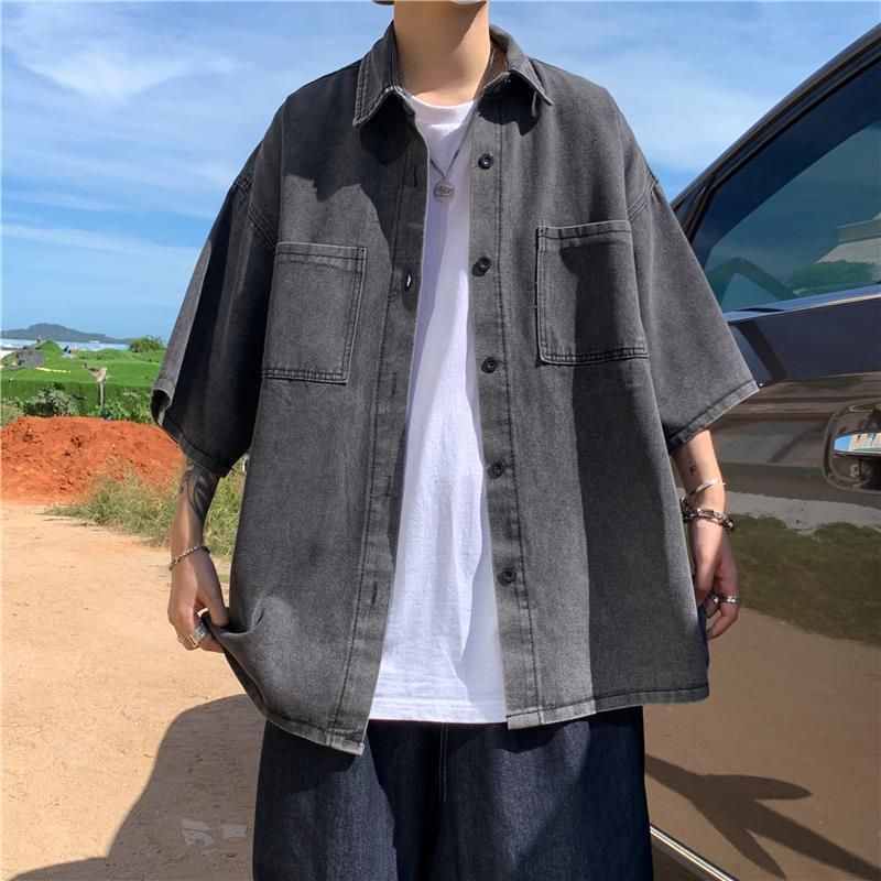 Camicia a maniche corte in denim da uomo, sottile, con maniche a tre quarti e giacca_voghion.com