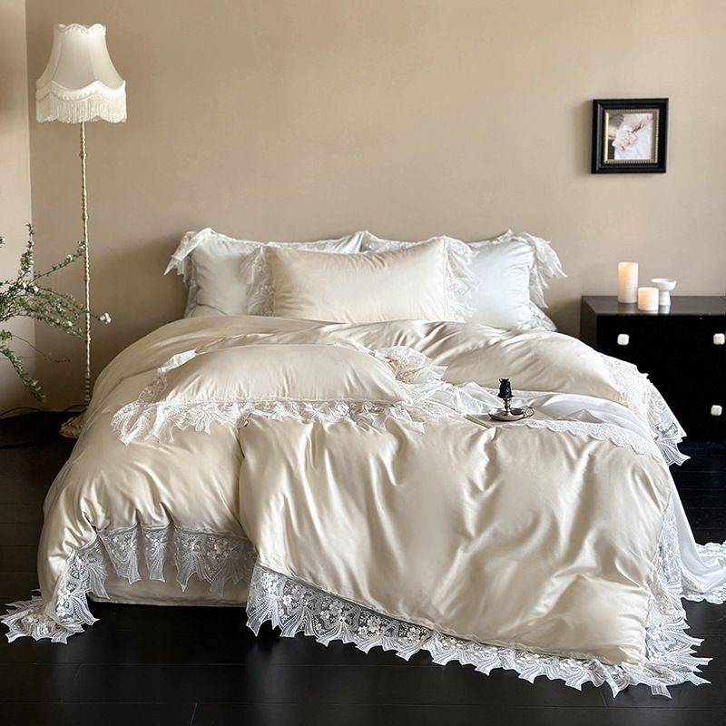 Set di biancheria da letto 4 pezzi in cotone Tencel con rifiniture in pizzo francese - Cotone a fibra lunga, set di lenzuola estive rinfrescanti con lenzuolo con angoli (misura matrimoniale/king size, stile principessa)_voghion.com