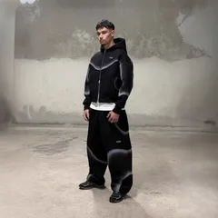 Men's Streetwear Distressed Hooded Sweatshirt - Deconstructed Patchwork Embroidery Oversized Zip-Up Jacket - Grunge Spray Paint Urban Style