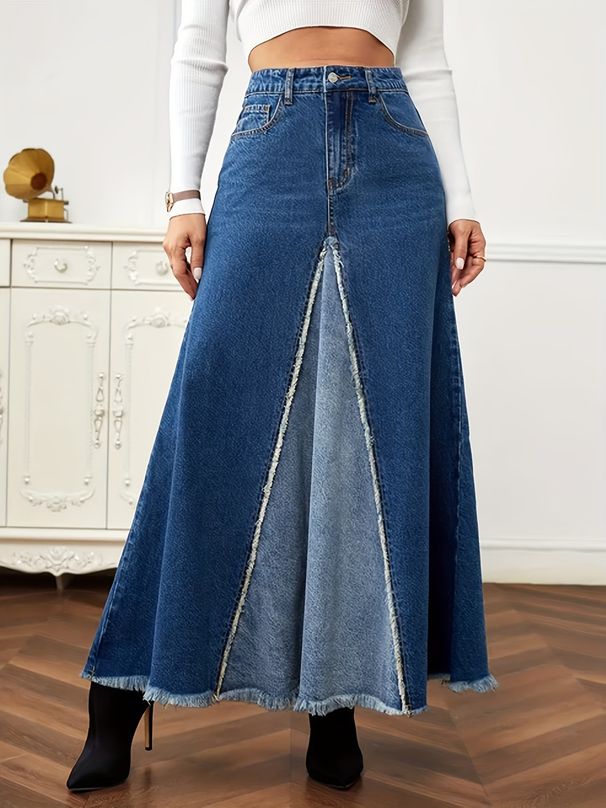 Modischer, farblich passender Denim-Langrock für Damen, hoch taillierter, gewaschener, geteilter Denim-Rock_voghion.com