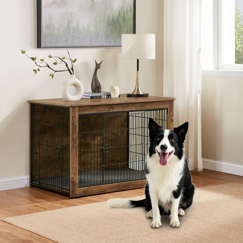 Dog Kennel Furniture, Wooden Dog Crate End Table, Heavy Duty Dog Crate, Decorative Pet Crate Dog Cage For Large Indoor Use (Rustic Brown) 39" L×26" W×27"H_voghion.com