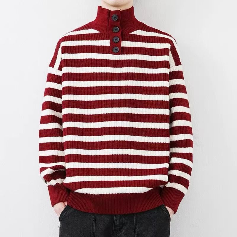 Maglione largo a righe per ragazzi in autunno e inverno, maglione largo e di alta qualità con collo alto a metà maglia_voghion.com