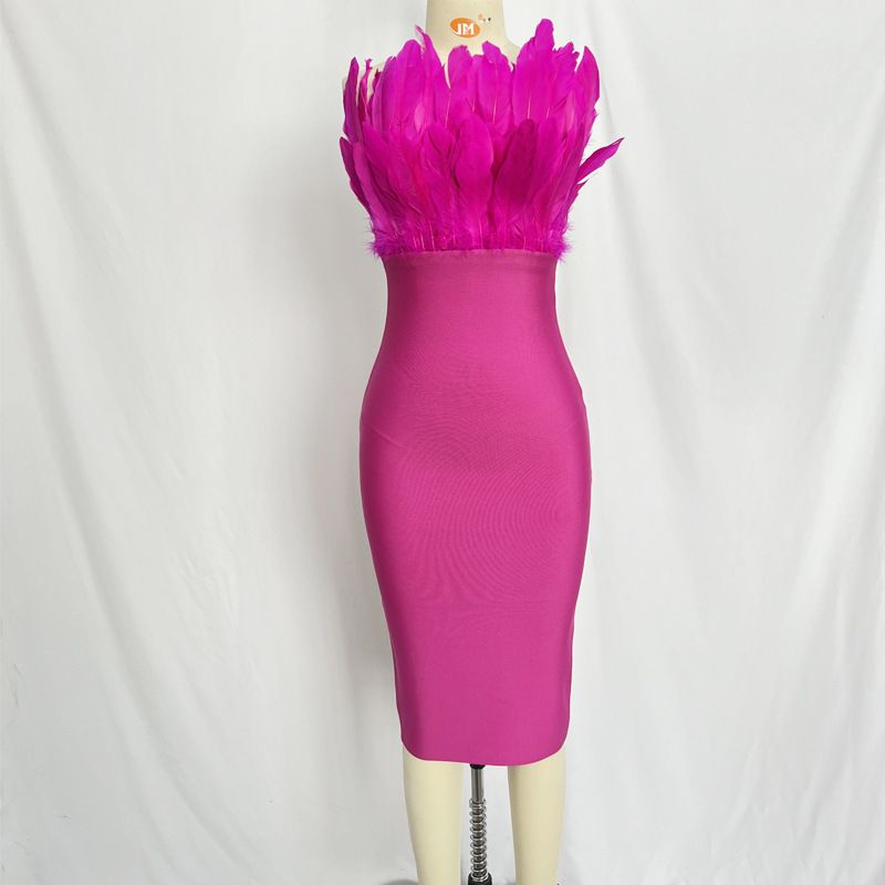 Feather Bandage Dress - Strapless Bodycon Evening Gown For Women, Stretchy Polyester, Sexy Clubwear, XS/S/M/L, Rose Red & Dark Brown_voghion.com