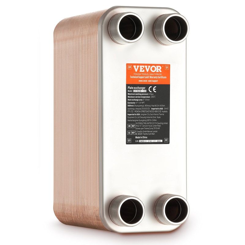 VEVOR Heat Exchanger, 5"x 12" 80 Plates Brazed Plate Heat Exchanger, Copper/316L Stainless Steel Water To Water Heat Exchanger For Floor Heating, Water Heating, Snow Melting, Beer Cooling_voghion.com
