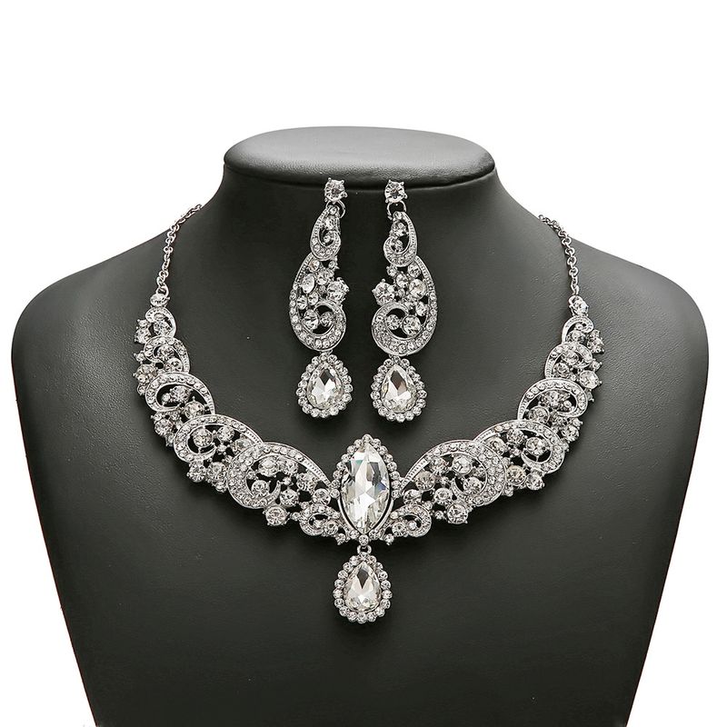 Ensemble collier et boucles d'oreilles de mariée, deux pièces, accessoires pour robe de mariée, chaîne exagérée, bijoux en alliage incrusté, offre spéciale_voghion.com