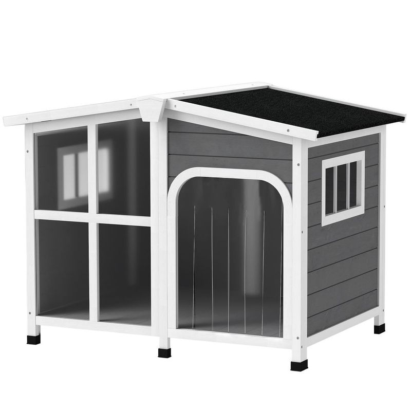 PawHut Cabin-Style Wooden Dog House For Large Dogs With Openable Roof &amp; Giant Window, Dark Gray_voghion.com