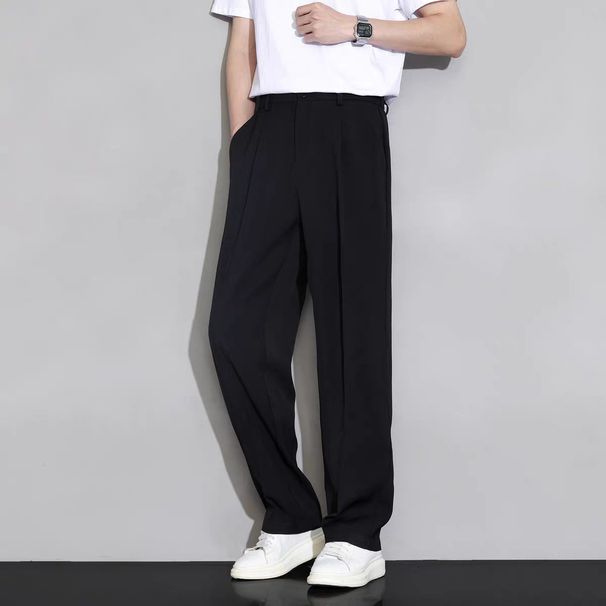 Herrenbekleidung Khakihose Herren Sommer dünne Eisseide drapierte Hose locker gerade vielseitige lässige Anzughose mit weitem Bein_voghion.com