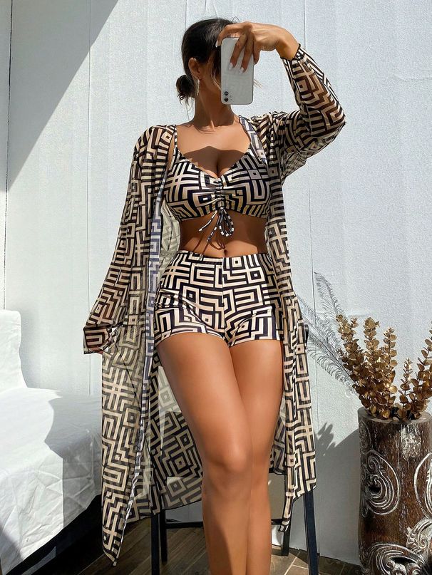 Women's Hot-selling Women's Split Swimsuit Blouse Three-piece Set Gathered Pleated Swimsuit High Waist Swimming Trunks_voghion.com