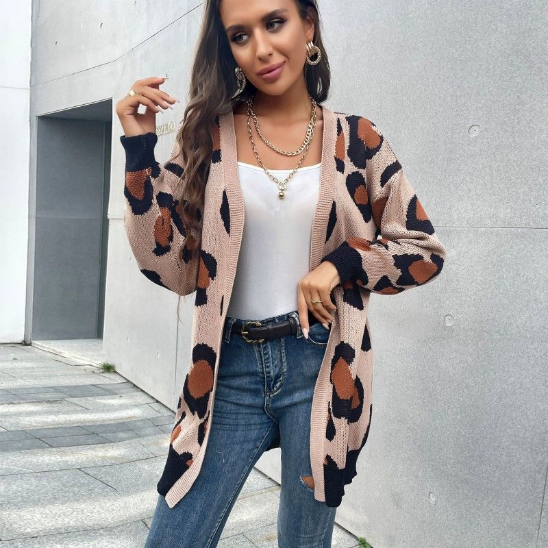 Women's clothing independent station autumn clothing mid-length leopard print cardigan knitted sweater jacket for women_voghion.com