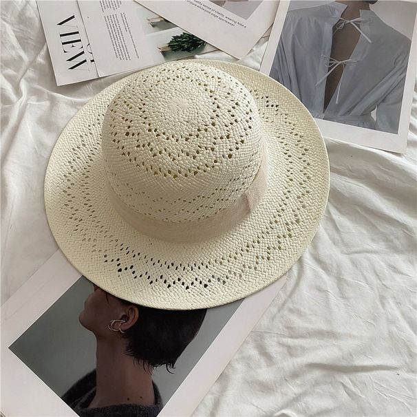 Derselbe vielseitige französische Reis-Strohhut aus weißem gewebtem Stroh für die Freizeit im Urlaub, flache Oberseite und Traufenhut, Sommer_voghion.com