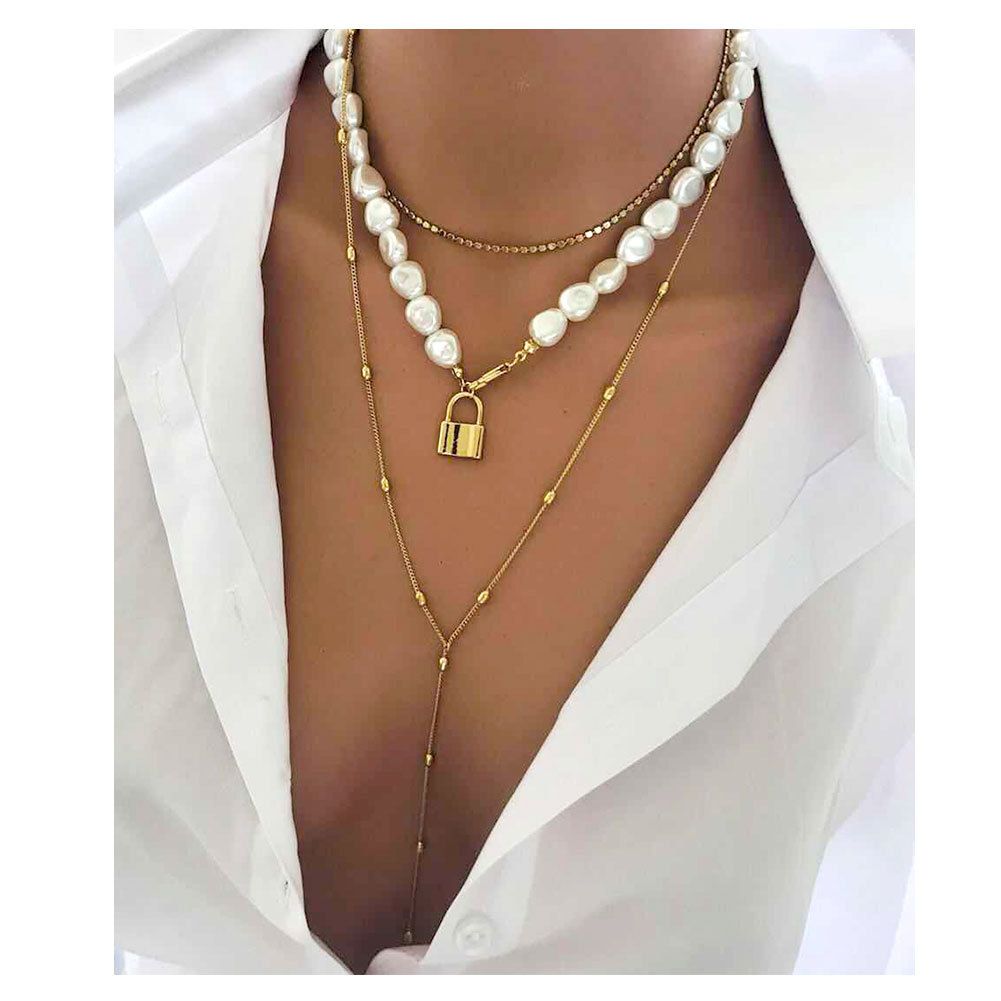 Korean multi layer sweater chain simple pearl clavicle chain female long neck chain lock pendant necklace female_voghion.com