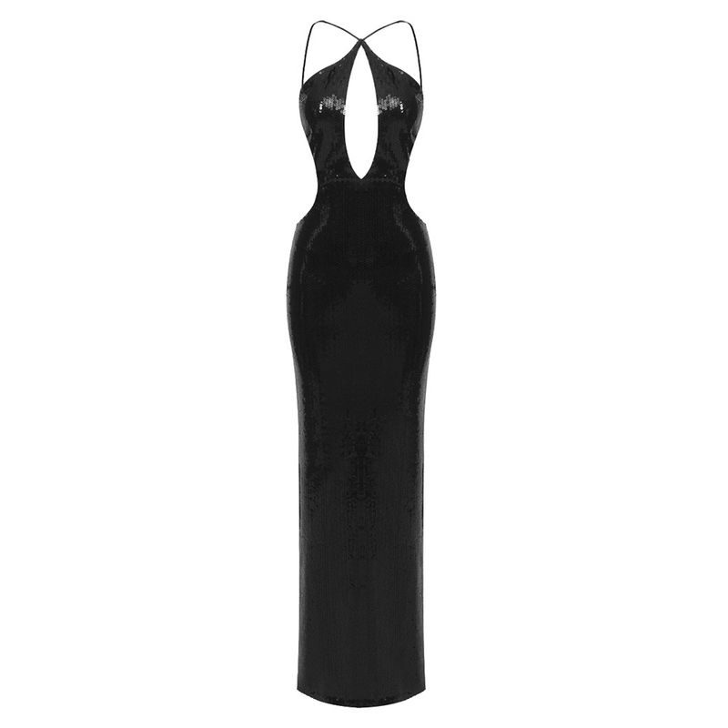Damenbekleidung High End New Nightclub Hollow Neckholder Rückenfrei Perlen Langes Damenkleid_voghion.com