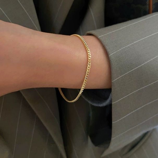 Bracciale a maglie cubane laterali minimaliste placcato in argento puro oro 14K, di alta qualità, versatile e alla moda, con catena semplice_voghion.com