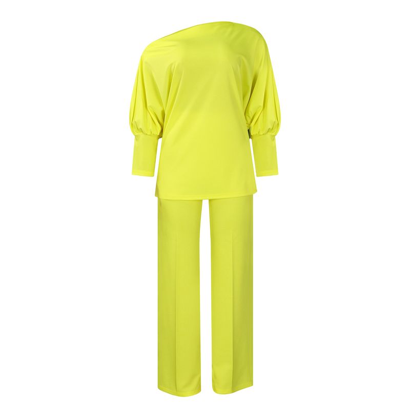 Women's Clothing Autumn Fashion Style Solid Color Slant Collar Top Wide Leg Pants Suit_voghion.com