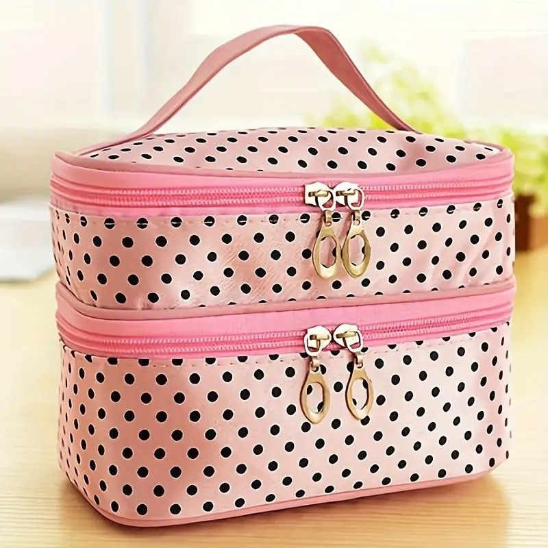 Double Layer Makeup Bag - Travel Cosmetic Organizer Waterproof Toiletry Case With Mirror Compact Size_voghion.com