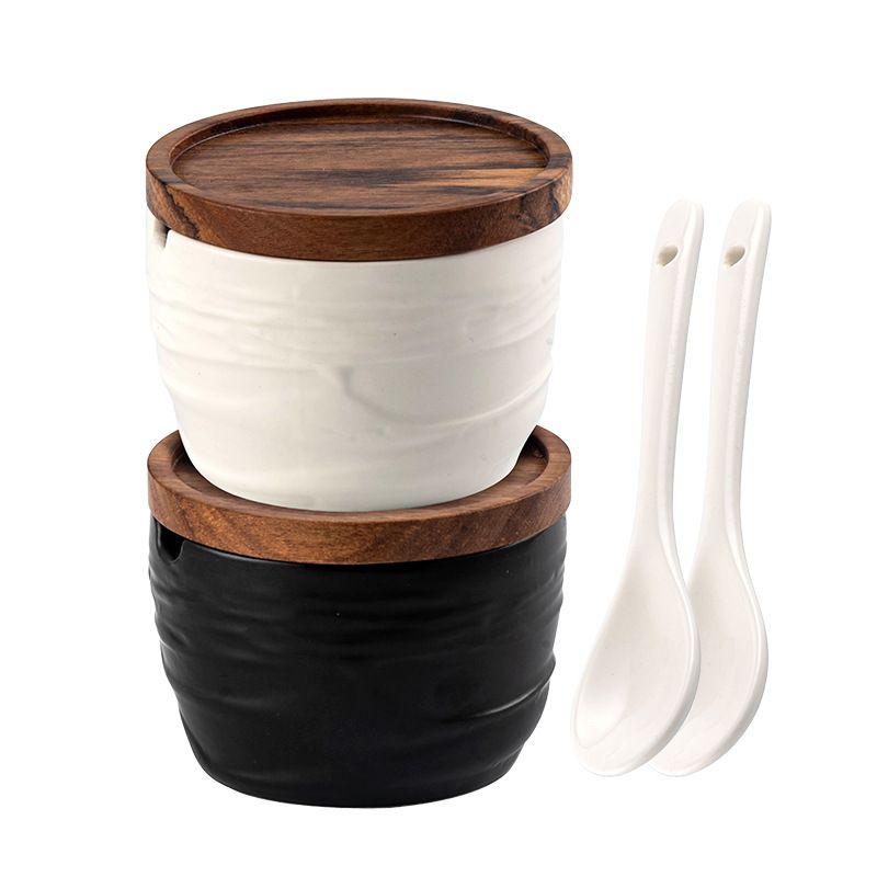 Keramisk bambuöverdrag kryddburk kryddlåda kök kryddförvaringsburk restaurang hem salt sockerburk med sked_voghion.com