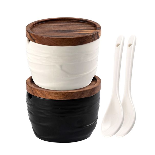 Keramisk bambuöverdrag kryddburk kryddlåda kök kryddförvaringsburk restaurang hem salt sockerburk med sked_voghion.com