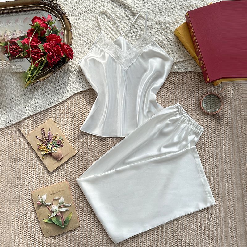 Sleepwears Spring And Autumn Thin Ice Silk Home Clothes Women's Suspenders Trousers Casual Simple Loose Pamas Two Piece_voghion.com