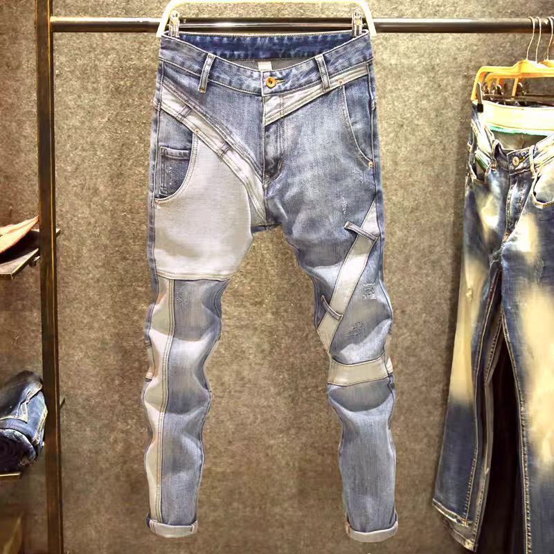 Adolescentes e rapazes jovens roupas jeans patchwork elástico bonito masculino moderno marca multi-bolso azul contraste masculino calças justas justas_voghion.com