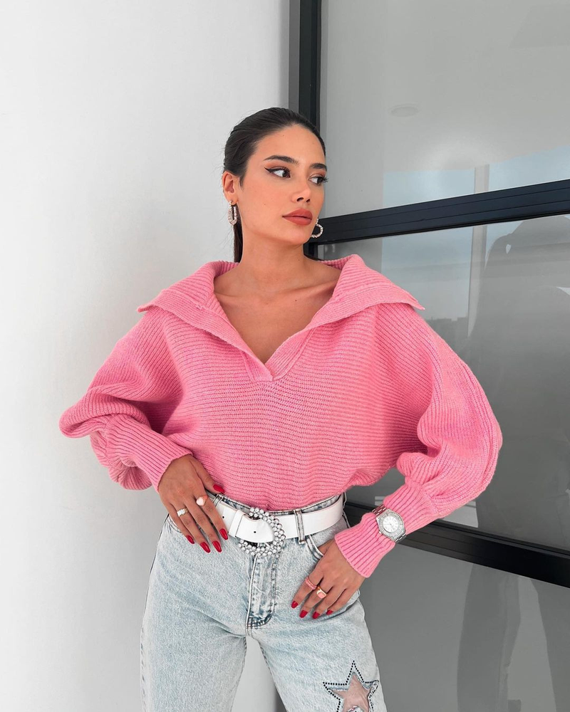 Women's Clothing autumn and winter hot style lazy loose lantern sleeves open collar pullover women's short sweater_voghion.com