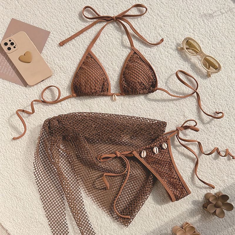 Kadın Giyim Renkli Seksi Bikini Üç Parça Mayo Kadın File Gömlek Plaj Etek Mayo_voghion.com