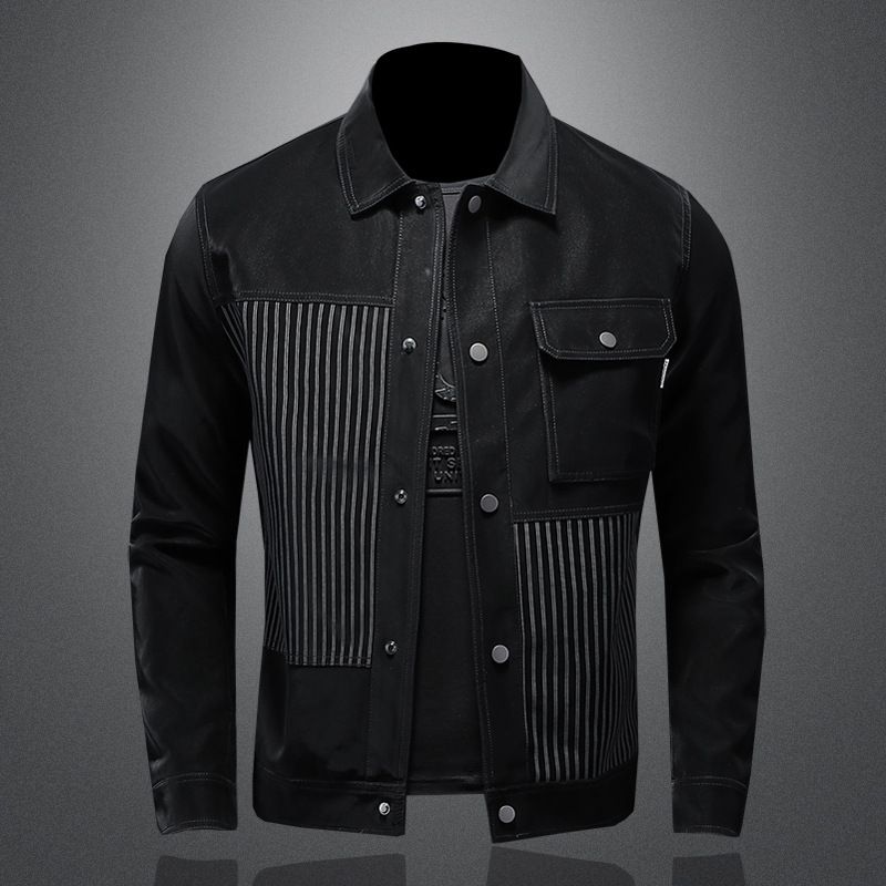 Herrenbekleidung, gestreifte Patchwork-Jeansjacke im Nine-Level-Stil_voghion.com