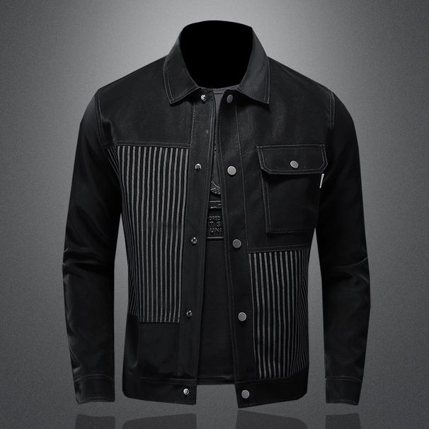 Herrenbekleidung, gestreifte Patchwork-Jeansjacke im Nine-Level-Stil_voghion.com