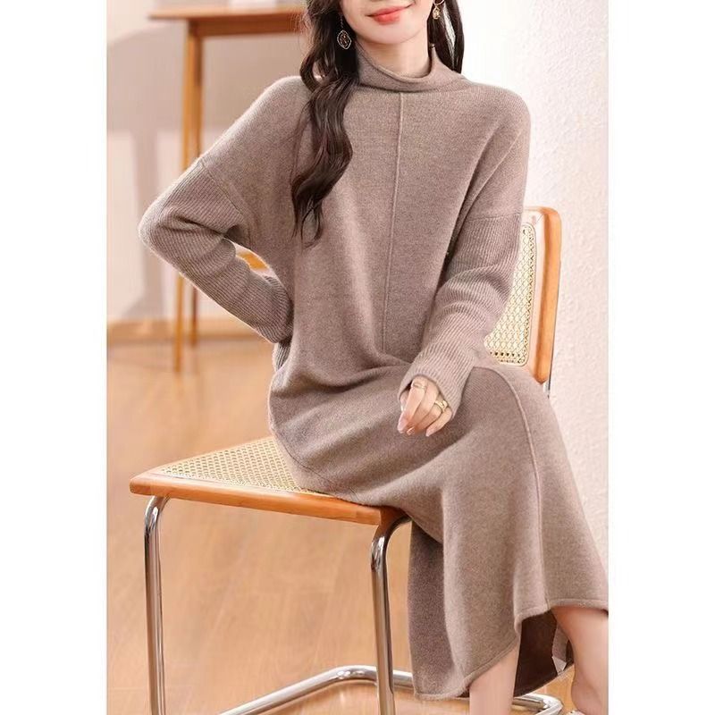 Strickpullover Damen, mittellang, Pullover mit halbhohem Kragen, vertikale Streifen, Kleid im Westernstil, Strickpullover mit Basis,_voghion.com