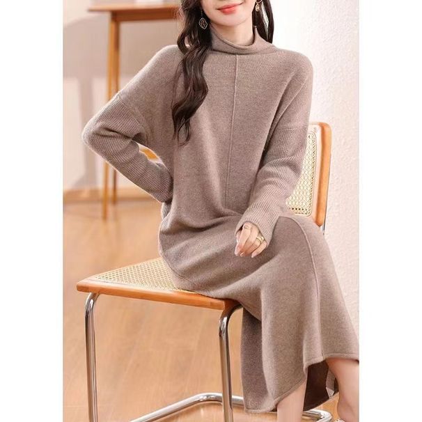 Strickpullover Damen, mittellang, Pullover mit halbhohem Kragen, vertikale Streifen, Kleid im Westernstil, Strickpullover mit Basis,_voghion.com