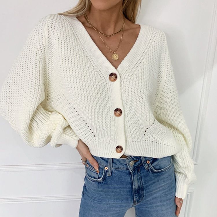 Women's Knit Cardigan With Deep V-Neck, Lantern Sleeves & Button Front – Soft Acrylic Blend, Oversized Fit, Versatile Layering For Fall & Winter_voghion.com