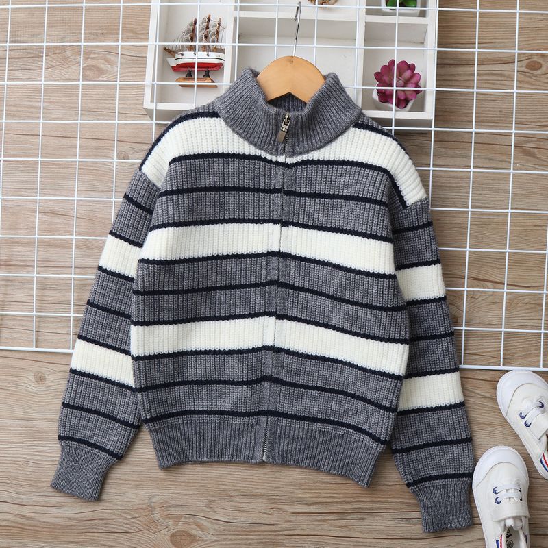 Mother & Kids Lambswool Cardigan Sweater Soft Warm Knit Pullover For Big Kids (8+ Years), Striped Design, Long Sleeve, Stand Collar (Gray/Navy)​​_voghion.com