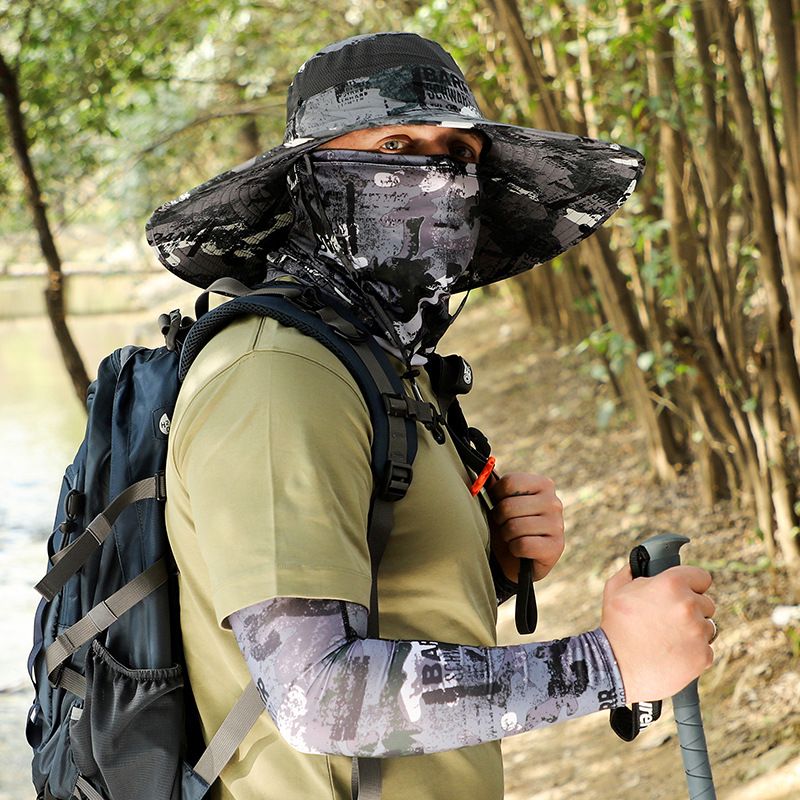 Men's Extra Wide Brim Sun Hat 15cm - UPF 50+ UV Protection Outdoor Cap With Face Cover & Cooling Arm Sleeves Set_voghion.com