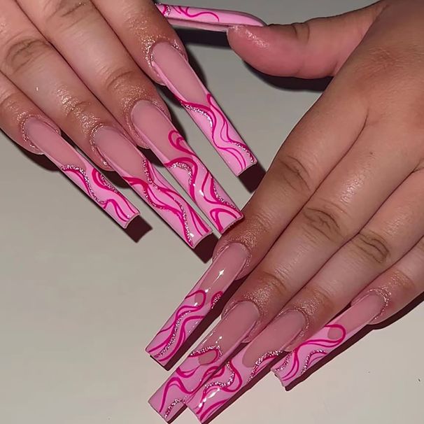 24pcs Extra Long Glitter Pink Line Press-On Nails Set - Cute & Stylish False Nails For Girls, Easy To Apply, Reusable Fake Nails With Glossy Finish_voghion.com