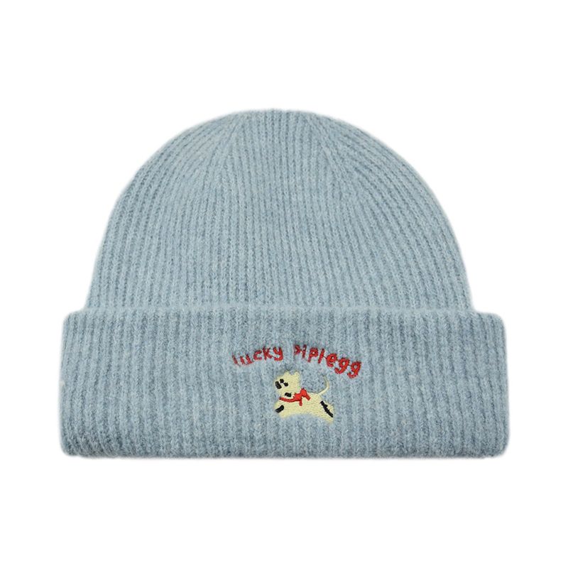 Embroidered Puppy Knitted Autumn Winter Couple Hats Skiing Wool Warm Face Slimming Pullover Hat_voghion.com