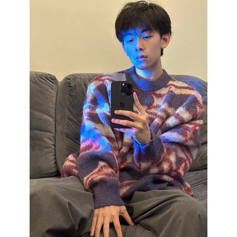 Pure Ginger Yellow Color-Block Striped Sweater For Men, Design Sense, Lazy Style, Seahorse Wool Inner Layer, Knitted Base_voghion.com