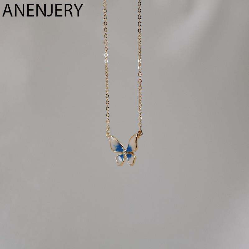 Vendite calde ANENJERY Collana a farfalla per donna Collane a catena con clavicola in smalto a goccia blu Gioielli per feste Regali_voghion.com