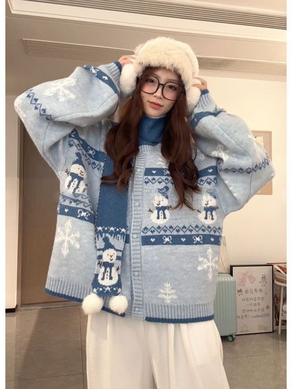 Giacca maglione a maniche lunghe con scollo tondo Fair Island per donna autunno divertente pupazzo di neve sciarpa pigra set due pezzi lavorato a maglia_voghion.com