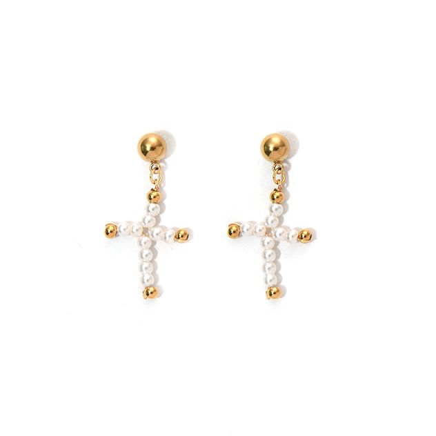 1 paio di orecchini pendenti in stile francese con perline rotonde a forma di croce dolce, placcati in acciaio inossidabile 304 e placcati in oro 14K_voghion.com
