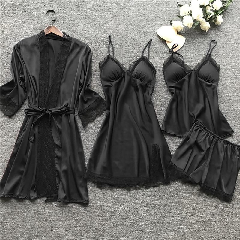 Set di quattro pezzi europeo e americano di grandi dimensioni con imbottitura sul petto, fionda sexy, pigiama in pizzo per la casa, pigiama casual per la casa _voghion.com