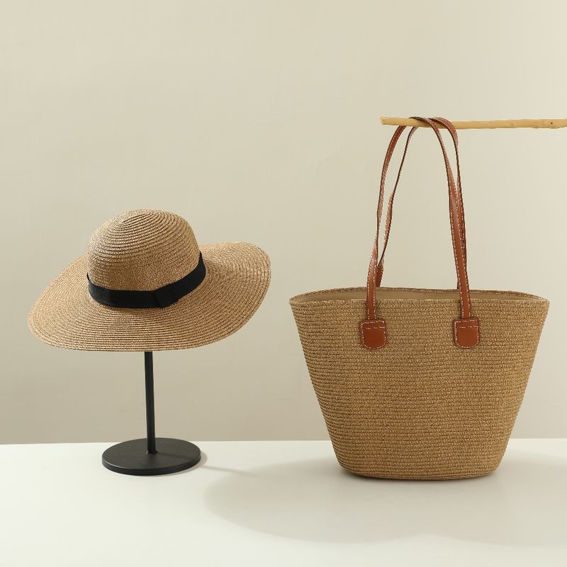 Borse da donna Cappello Borsa a tracolla Stile abito da donna Borsa tutto abbinato Fiocco in pizzo Cappello di paglia piatto per viaggio estivo Protezione solare_voghion.com