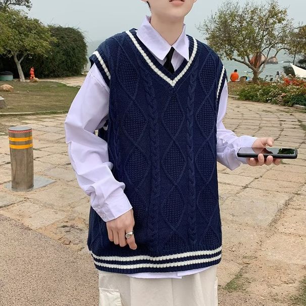 Maglione da uomo in maglia stile college con scollo a V color-block, design semplice, vestibilità ampia, senza maniche_voghion.com