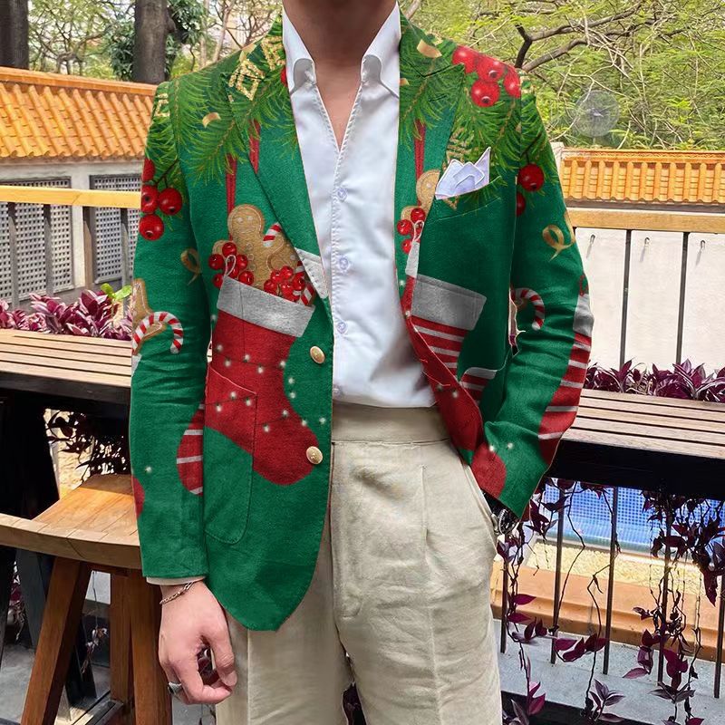 Men's Clothing men's casual suits four seasons printed suit jackets men's metal button Christmas suits_voghion.com