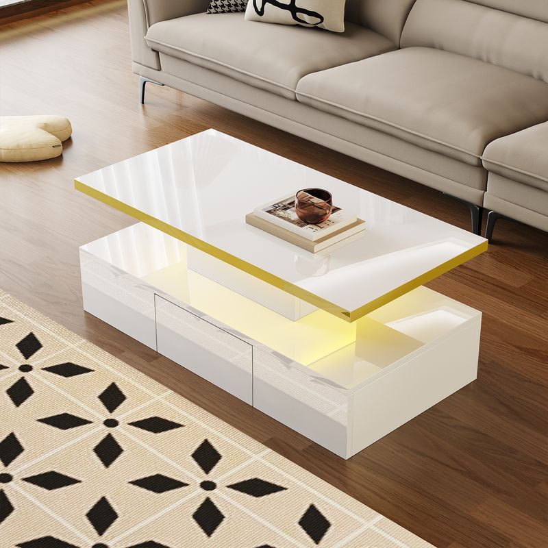 Modern Coffee Table with Drawers, Glossy Finish, 2-Tier Side Table with LED Lighting_voghion.com