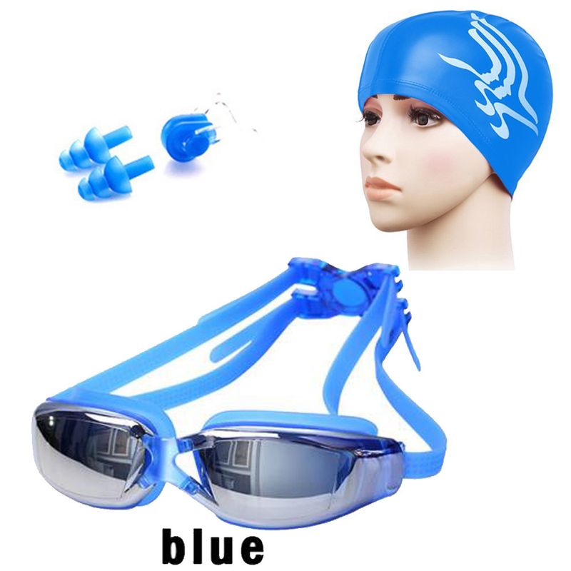 Fashion Anti-fog HD Swimming Goggles + Silicone Nose Clip Earplugs +PU Swimming Cap Combination_voghion.com