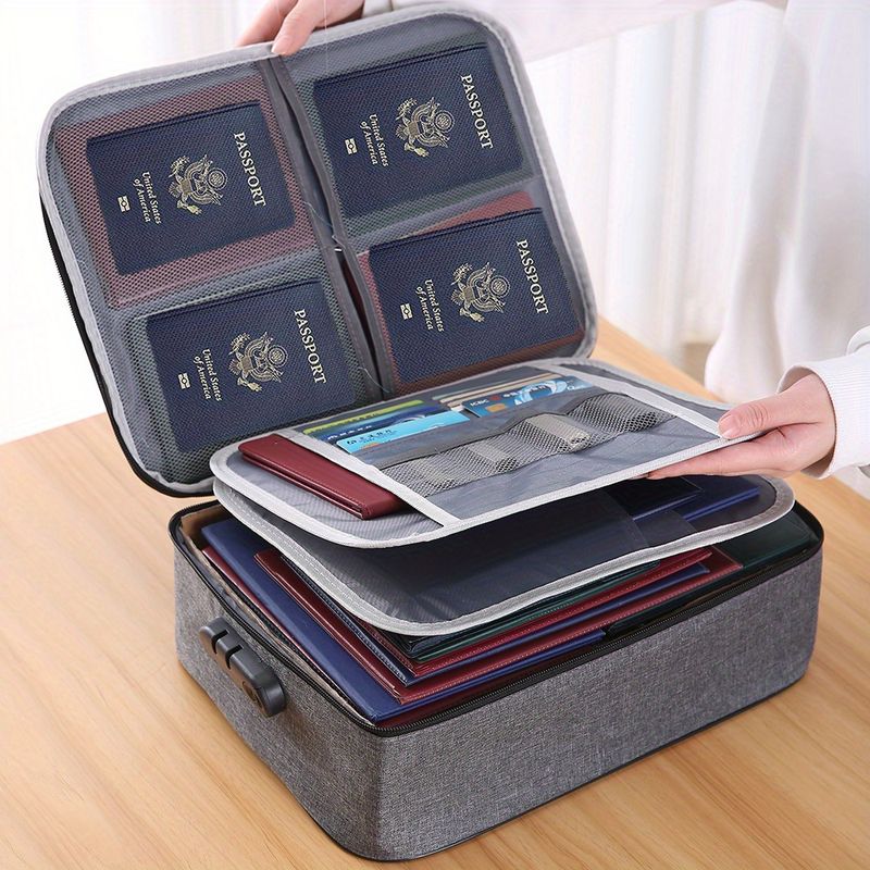 1pc Document Bag (With Lock), Fireproof 3-Layer File Storage Case With Water-Resistant Zipper, Travel Portable Document Safe Storage Tote Bag_voghion.com