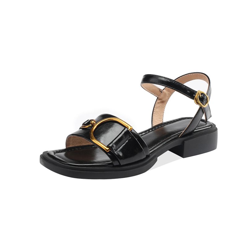 Weiche Lederbraune Modesandalen für Damen im Sommer, schmale offene Zehenpartie, ein Riemen, niedriger Absatz, Metallschnalle, römische Schuhe_voghion.com