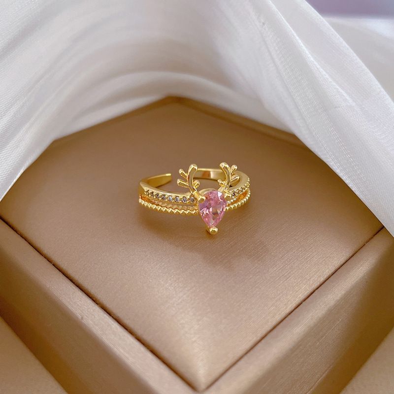 【 Oro vero 】 Un cervo con diamante pieno con apertura regolabile, anello semplice fatto a mano, anello di coppia_voghion.com