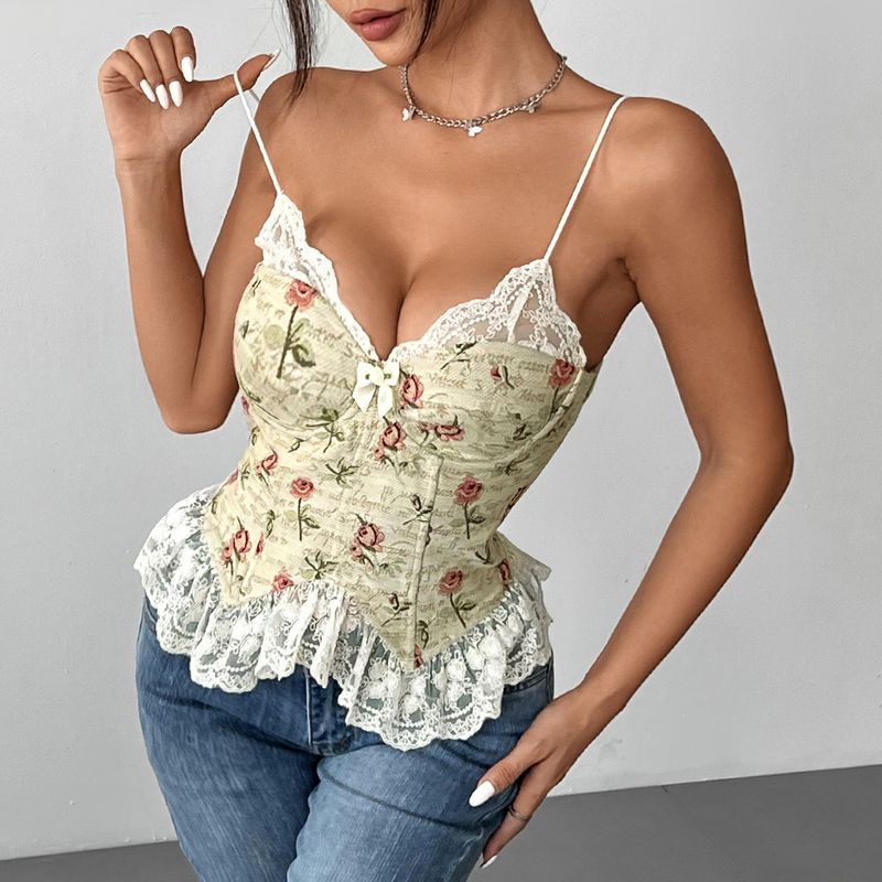 Damenbekleidung Retro Jacquard Nischennähte Sexy Spitzenunterhemd_voghion.com