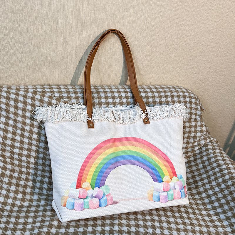 Women's Bags Hot Selling Large Capacity Rainbow Tassel Portable Canvas Bag For Moms Going Out Beach Bag Shopping Shoulder Bag_voghion.com